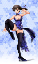 Rule 34 | 10s, 1girl, alternate costume, bare arms, bare shoulders, black thighhighs, blue background, blue dress, blue footwear, blush, breasts, brown hair, cameltoe, chestnut mouth, china dress, chinese clothes, cleavage, cleavage cutout, clothing cutout, collarbone, dress, eyebrows, fighting stance, floral print, full body, green eyes, hair bobbles, hair ornament, hexagon, high heels, highleg, highleg panties, highres, kaga (kancolle), kantai collection, large breasts, leg up, looking to the side, panties, pantyshot, shoes, short hair, side ponytail, simple background, skindentation, sleeveless, sleeveless dress, solo, standing, standing on one leg, tassel, thighhighs, tk (butakuma), tsurime, underwear, white panties