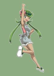 Rule 34 | 1girl, absurdres, arm up, armpits, bad id, bad pixiv id, clenched hands, creatures (company), dark-skinned female, dark skin, flower, from behind, game freak, green eyes, green hair, hair flower, hair ornament, highres, long hair, looking back, mallow (pokemon), man p, matching hair/eyes, nintendo, one eye closed, open mouth, overalls, pokemon, pokemon sm, running, shoes, shorts, smile, solo, twintails