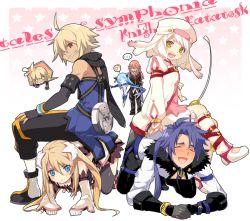 Rule 34 | 00s, 3boys, 3girls, :t, alice (tales), all fours, aqua (tales), aqua (tales of symphonia), blonde hair, bloomers, blue eyes, blue hair, blush, boots, brown hair, capri pants, closed eyes, copyright name, decus (tales), emil castagnier, flower, gloves, hair flower, hair ornament, human chair, human furniture, knee boots, l (matador), long hair, marta lualdi, multiple boys, multiple girls, pants, ponytail, purple hair, rapier, red eyes, red hair, richter abend, shoes, short hair, sitting, sitting on person, sweat, sword, tales of (series), tales of symphonia, tales of symphonia: dawn of the new world, underwear, veil, weapon, yellow eyes
