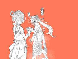 Rule 34 | 2girls, armband, back bow, bare shoulders, belt, blush, bow, bow-shaped hair, braid, breath, china dress, chinese clothes, constricted pupils, cowboy shot, dress, embarrassed, facing another, female focus, fingerless gloves, flower, from behind, genshin impact, gloves, greyscale with colored background, hair over one eye, hair ribbon, hand up, hat, hat flower, heart, hu tao (genshin impact), japanese text, long hair, long sleeves, looking at another, looking back, lucifina 006, moaning, multiple girls, nervous, nervous smile, nose blush, one eye covered, open mouth, orange background, porkpie hat, pussy juice, raised eyebrows, ribbon, shoes, short dress, short hair, side slit, simple background, sleeveless, sleeveless dress, smile, speech bubble, spoken heart, standing, steam, steaming body, sweat, tassel, tears, thighhighs, translation request, trembling, twintails, xiangling (genshin impact)