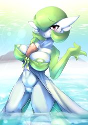 Rule 34 | 1girl, absurdres, areola slip, ashraely, bare shoulders, blush, bob cut, breasts, cleft of venus, cloud, collarbone, colored skin, covered erect nipples, creatures (company), day, female focus, front-tie top, game freak, gardevoir, gen 3 pokemon, gradient sky, green hair, green skin, hair over one eye, half-closed eyes, hand up, highres, huge breasts, large areolae, lens flare, looking at viewer, mountain, multicolored skin, navel, nintendo, nipples, outdoors, parted lips, partially submerged, pokemon, pokemon (creature), puffy nipples, pussy, red eyes, short hair, sky, solo, standing, stomach, strapless, sunlight, thick thighs, thighs, tube top, two-tone skin, uncensored, wading, water, white skin, wide hips