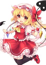 Rule 34 | 1girl, :d, absurdres, ankle cuffs, ascot, black thighhighs, blonde hair, blush, bow, buttons, crystal, fang, flandre scarlet, footwear bow, frilled shirt, frilled shirt collar, frilled sleeves, frills, full body, gradient eyes, hair between eyes, hand up, hat, hat ribbon, highres, looking at viewer, mob cap, multicolored eyes, open mouth, outstretched arm, petticoat, puffy short sleeves, puffy sleeves, red bow, red eyes, red footwear, red ribbon, red skirt, red vest, ribbon, ruhika, shirt, shoes, short hair, short sleeves, side ponytail, simple background, skirt, skirt set, smile, solo, tail, thighhighs, touhou, twitter username, vest, white background, white hat, white shirt, wings, wrist cuffs, yellow ascot, yellow eyes