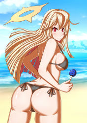 Rule 34 | 1girl, ahoge, arc system works, artist request, ass, bare shoulders, bikini, blonde hair, blush, breasts, butt crack, candy, dimples of venus, food, from behind, guilty gear, guilty gear xrd, guilty gear xrd: revelator, halo, highres, huge ass, jack-o&#039; valentine, large breasts, lollipop, long hair, looking at viewer, multicolored hair, red eyes, red hair, shiny skin, sideboob, smile, solo, swimsuit, thong, thong bikini, very long hair