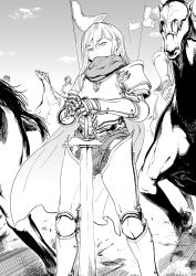 Rule 34 | 1girl, armor, armored boots, boots, cape, chainmail, couter, expressionless, gauntlets, greyscale, hands on hilt, highres, kurofudo, long hair, monochrome, outdoors, pauldrons, shoulder armor, sky, solo focus, sword, weapon