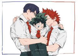 Rule 34 | 3boys, artist name, black hair, boku no hero academia, carrying, collared shirt, commentary request, fang, fang out, freckles, glasses, green eyes, green hair, green pants, grey-framed eyewear, hand on another&#039;s leg, iida tenya, kirishima eijirou, looking down, male focus, mantos no.7, midoriya izuku, multiple boys, necktie, one eye closed, open mouth, pants, red hair, red necktie, school uniform, shirt, shirt grab, short sleeves, simple background, spiked hair, sweat, thai commentary, u.a. school uniform, watermark, white background, white shirt, yaoi
