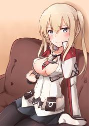 Rule 34 | 10s, 1girl, absurdres, anchor choker, bad id, bad pixiv id, between breasts, black pantyhose, blonde hair, blue eyes, blush, breasts, collarbone, covered erect nipples, cross, graf zeppelin (kancolle), hair between eyes, highres, iron cross, kantai collection, kapatarou, long hair, medium breasts, military, military uniform, necktie, necktie between breasts, pantyhose, red necktie, shoes, short hair, short hair with long locks, sidelocks, sitting, solo, two side up, undressing, uniform, white footwear