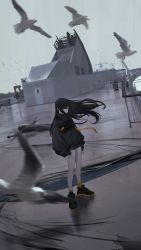 Rule 34 | 1girl, 1other, absurdres, bird, black hair, blunt bangs, cr iws t 72, death, expressionless, harbor, highres, jacket, long hair, long sleeves, looking at viewer, monster, original, overcast, scenery, ship, shoes, short shorts, shorts, sky, sneakers, socks, water, watercraft, yellow eyes