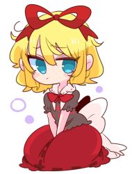 Rule 34 | 1girl, blonde hair, blue eyes, bow, bubble skirt, doll, frilled shirt, frilled shirt collar, frilled sleeves, frills, highres, kneeling, medicine melancholy, op na yarou, poison, puffy short sleeves, puffy sleeves, red bow, red neckwear, red ribbon, ribbon, shirt, short hair, short sleeves, skirt, touhou, wavy hair