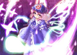 Rule 34 | 1girl, blue eyes, breasts, bug, butterfly, butterfly wings, dress, female focus, fun bo, ghost, hat, insect, insect wings, japanese clothes, open mouth, pink hair, ribbon, saigyouji yuyuko, short hair, smile, solo, touhou, triangular headpiece, wings