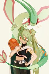Rule 34 | 1girl, armlet, black pants, black shirt, cape, commentary request, creatures (company), flygon, game freak, gen 3 pokemon, green hair, ground miku (project voltage), hair between eyes, hand on own hip, hand up, hatsune miku, highres, holding, long hair, looking at viewer, mokuzou (moku ssbu), nintendo, orange eyes, pants, pokemon, pokemon (creature), project voltage, shirt, signature, simple background, trapinch, twintails, vocaloid, white background, white cape, yellow pupils