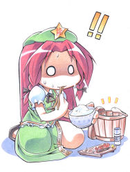 Rule 34 | 1girl, bad id, bad pixiv id, braid, chibi, china dress, chinese clothes, dress, eating, female focus, food, hat, hong meiling, long hair, o o, red hair, ribbon, sitting, solo, sweat, embodiment of scarlet devil, touhou, twin braids, uccow