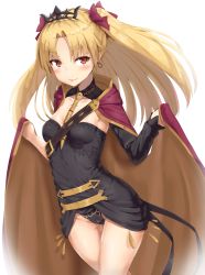 Rule 34 | &gt;:), 1girl, blonde hair, blush, cape, commentary request, earrings, ereshkigal (fate), fate/grand order, fate (series), hair ribbon, highres, jewelry, long hair, looking at viewer, parted bangs, red cape, red eyes, red ribbon, reinama, ribbon, skull, solo, spine, tiara, tohsaka rin, twintails, two side up, v-shaped eyebrows, white background