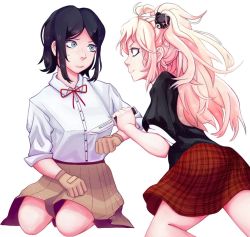 Rule 34 | 2girls, ass, bear hair ornament, black hair, black shirt, blonde hair, blue eyes, brown gloves, brown skirt, closed mouth, danganronpa: trigger happy havoc, danganronpa (series), ears, enoshima junko, freckles, gloves, hair ornament, hand up, highres, holding, holding knife, holding weapon, ikusaba mukuro, knife, long hair, looking at another, medium hair, multiple girls, parted bangs, plaid, plaid skirt, pleated skirt, shirt, shooting gloves, siblings, simple background, sisters, skirt, smile, sweat, sweatdrop, twins, twintails, weapon, white background, white shirt