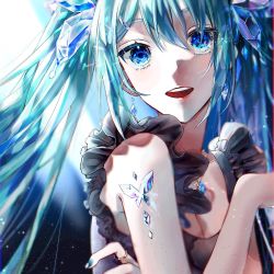 Rule 34 | 1girl, :d, blue eyes, blue hair, blue nails, breasts, cleavage, collarbone, earrings, floating hair, hair between eyes, hatsune miku, highres, jewelry, long hair, looking at viewer, nail polish, open mouth, pendant, red lips, ring, small breasts, smile, solo, teaka milk, upper body, very long hair, vocaloid