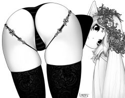 Rule 34 | 1girl, ass, ass focus, bent over, black panties, black thighhighs, closed mouth, frieren, from behind, greyscale, head wreath, lace thighhighs, long hair, looking at viewer, looking back, ltstry, monochrome, panties, pointy ears, signature, simple background, solo, sousou no frieren, striped clothes, striped panties, thigh strap, thighhighs, thighs, underwear, white background