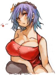 Rule 34 | 1girl, alternate costume, blush, breasts, cleavage, collarbone, hair ornament, large breasts, open mouth, perky breasts, purple hair, red eyes, sachito, short hair, simple background, sketch, solo, touhou, white background, yasaka kanako