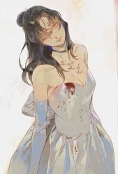 Rule 34 | 1girl, bare shoulders, blood, breasts, cleavage, dress, elbow gloves, french text, gloves, highres, long hair, looking at viewer, medium breasts, mgong520, original, sleeveless, sleeveless dress, smile, solo, wedding dress, white background, white dress, white gloves