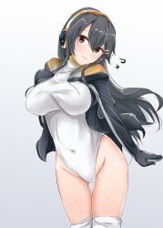 Rule 34 | 10s, 1girl, absurdres, alternate costume, ame-rain, arms at sides, black hair, breasts, brown eyes, cosplay, covered navel, emperor penguin (kemono friends), emperor penguin (kemono friends) (cosplay), gluteal fold, hair between eyes, haruna (kancolle), headphones, highleg, highleg leotard, highres, kantai collection, kemono friends, large breasts, leotard, long hair, looking at viewer, solo, thighhighs, thighs, white leotard, white thighhighs