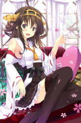 Rule 34 | 10s, 1girl, :d, ahoge, armpits, boots, breasts, brown eyes, brown hair, character name, couch, cup, curtains, detached sleeves, flower, frilled skirt, frills, hairband, heart, heart-shaped pillow, japanese clothes, kantai collection, kongou (kancolle), long hair, looking at viewer, nontraditional miko, open mouth, personification, pillow, plaid, red upholstery, ribbon-trimmed sleeves, ribbon trim, romaji text, sheer curtains, sideboob, sitting, skirt, smile, solo, takanashi haruto, tea, teacup, thigh boots, thighhighs, wide sleeves