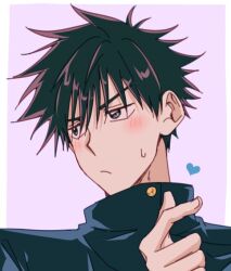 Rule 34 | 1boy, bad id, bad twitter id, black hair, black jacket, blush, buttons, close-up, closed mouth, commentary, fushiguro megumi, hair between eyes, heart, heart hands, high collar, jacket, jujutsu kaisen, looking to the side, male focus, nackseojang, short hair, simple background, solo, spiked hair, sweatdrop, symbol-only commentary, upper body