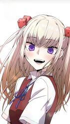 Rule 34 | 1girl, blonde hair, blush, hair ornament, joo ra-mi, long hair, looking at viewer, open mouth, purple eyes, red sweater, school uniform, shirt, simple background, smile, sweater, tongue, very long hair, webtoon character na kang lim, white background, white shirt