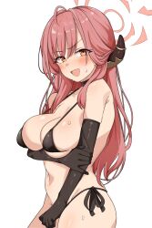 Rule 34 | 1girl, aru (blue archive), bare shoulders, bikini, black bikini, black choker, blue archive, blush, breasts, choker, cleavage, collarbone, demon horns, elbow gloves, gloves, halo, horns, large breasts, long hair, looking at viewer, navel, open mouth, pink hair, seihekiog, side-tie bikini bottom, solo, sweat, swimsuit, white background, yellow eyes