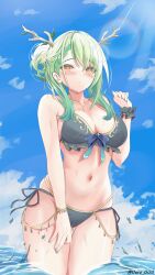 Rule 34 | 1girl, absurdres, antlers, asymmetrical bangs, bikini, blue sky, blush, braid, branch, breasts, ceres fauna, cleavage, collarbone, commentary, english commentary, flower, furrowed brow, gluteal fold, green hair, hair flower, hair ornament, hair rings, hand up, highres, hololive, hololive english, horns, jewelry, large breasts, leaf, legs together, lens flare, looking at viewer, medium hair, navel, necklace, ocean, outdoors, ribbon, shallow water, shy, sky, splashing, standing, string bikini, sunlight, swimsuit, thighs, twitter username, varo 006, virtual youtuber, wading, water, wavy hair, wet, wristband, yellow eyes