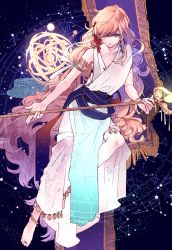 Rule 34 | 1boy, androgynous, anklet, armlet, barefoot, bishounen, blonde hair, blue eyes, bracelet, circle, dress, earrings, floating, food, fruit, g.g.lemon, glint, holding, holding scepter, jewelry, long hair, magi the labyrinth of magic, scepter, solo, star (sky), star (symbol), titus alexius, white dress