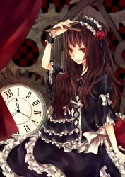 Rule 34 | 1girl, artist request, black theme, bow, brown hair, character request, clock, female focus, flower, frills, gothic lolita, hair ornament, lolita fashion, long hair, puppet, rose, sitting, solo, yellow eyes