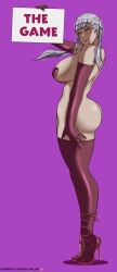 Rule 34 | 1girl, absurdres, ass, black clover, breasts, elbow gloves, from side, gloves, high heels, highres, huge breasts, iris art, noelle silva, pasties, patreon username, purple background, purple eyes, sideboob, solo, standing, tagme, text focus, thighhighs, twintails