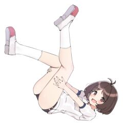 Rule 34 | 1girl, aa211108, antenna hair, black shorts, blush, breasts, brown eyes, brown hair, dot nose, from side, gym shirt, gym shorts, hidaka ai, holding own foot, idolmaster, idolmaster dearly stars, legs up, lying, name tag, on back, open mouth, red footwear, shirt, shoe soles, shoes, short hair, short sleeves, shorts, simple background, small breasts, smile, socks, solo, uwabaki, white background, white shirt, white socks