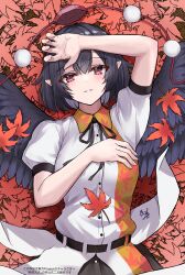 Rule 34 | 1girl, autumn leaves, belt, bird wings, black belt, black hair, black ribbon, black skirt, black wings, breasts, buttons, collared shirt, commentary request, feathered wings, harumomiji, hat, highres, leaf print, lying, medium breasts, neck ribbon, on back, parted lips, pointy ears, pom pom (clothes), puffy short sleeves, puffy sleeves, red hat, ribbon, shameimaru aya, shirt, short hair, short sleeves, skirt, solo, tokin hat, touhou, translation request, unworn hat, unworn headwear, white shirt, wings