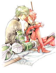 Rule 34 | 1boy, 1girl, armor, armored boots, bare shoulders, boots, closed eyes, fire emblem, fire emblem awakening, gauntlets, green armor, green hair, hetero, holding hands, indian style, knee up, lance, nintendo, open mouth, painting (medium), pants, polearm, red hair, scabbard, sheath, sheathed, shirt, short hair, sitting, smile, stahl (fire emblem), sully (fire emblem), suzushiro (szsr), sword, traditional media, unworn armor, watercolor (medium), weapon, white background