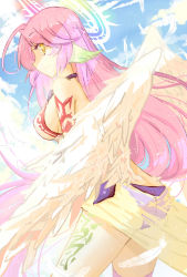 Rule 34 | 10s, 1girl, angel wings, ass, bad id, bad pixiv id, breasts, crop top, cross, feathered wings, flat ass, halo, highres, jibril (no game no life), long hair, low wings, magic circle, mochizuki inochi, no game no life, pink hair, sideboob, smile, solo, spiked halo, symbol-shaped pupils, tattoo, thighhighs, white wings, wing ears, wings, yellow eyes