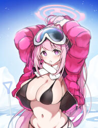 1girl adjusting_hair arm_up bikini black_bikini blue_archive blue_sky blush breasts cleavage closed_mouth commentary day eimi_(blue_archive) eimi_(swimsuit)_(blue_archive) glacier goggles goggles_on_head hair_tie halo high_ponytail highres jacket large_breasts long_hair long_sleeves looking_at_viewer mouth_hold navel outdoors padded_jacket pink_eyes pink_hair pink_halo pink_jacket scarf shovel side-tie_bikini_bottom sky snow_shovel solo stomach swimsuit tatsuhiko white_scarf