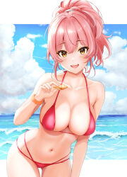 Rule 34 | 1girl, absurdres, armpit crease, bare shoulders, bikini, blue sky, bracelet, breasts, ca paria, cleavage, cloud, cloudy sky, collarbone, commentary request, fingernails, gold bracelet, hair between eyes, hair ornament, hair scrunchie, high ponytail, highres, holding, holding shell, idolmaster, idolmaster cinderella girls, jewelry, jougasaki mika, large breasts, leaning forward, looking at viewer, multi-strapped bikini, nail polish, navel, ocean, open mouth, pink hair, pink nails, red bikini, scrunchie, seashell, shell, skindentation, sky, smile, solo, stomach, swimsuit, teeth, thighs, white scrunchie, yellow eyes