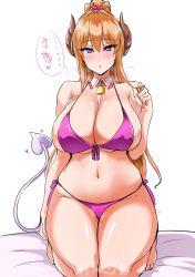 Rule 34 | 1girl, belly, bikini, blue eyes, blush, bolobolo, bowsette, breasts, demon girl, demon horns, demon tail, dot mouth, dot nose, heart, heart-shaped pupils, highres, horns, huge breasts, japanese clothes, kneeling, long hair, looking back, micro bikini, naughty face, navel, neckerchief, orange hair, original, ponytail, pussy juice, solo, speech bubble, steam, sweat, swimsuit, symbol-shaped pupils, tail, thighs, translated