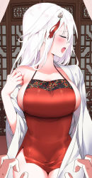 Rule 34 | 1girl, blush, breasts, chinese clothes, dress, fine fabric emphasis, hair between eyes, hair ornament, halter dress, halterneck, highres, large breasts, li zhiheng, long hair, looking away, lu xiaoyu, my harem grew so large i was forced to ascend, open mouth, shirt, sideboob, thighs, undressing, white hair, white shirt