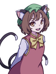 Rule 34 | 1girl, absurdres, animal ears, bow, bowtie, brown hair, cat ears, cat tail, chen, dress, earrings, green hat, hat, highres, jewelry, kame (kamepan44231), long sleeves, mob cap, multiple tails, nekomata, one-hour drawing challenge, red dress, shirt, short hair, simple background, single earring, solo, tail, touhou, two tails, undershirt, white background, white shirt, yellow bow, yellow bowtie, yellow eyes