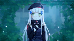 Rule 34 | 1girl, absurdres, beret, blunt bangs, blurry, commentary, cross hair ornament, depth of field, facial mark, girls&#039; frontline, gloves, green eyes, hair ornament, hat, highres, hk416 (girls&#039; frontline), jacket, long hair, military jacket, parted lips, solo, teardrop tattoo, upper body, white gloves, white hair, wo you yibei jia wanli