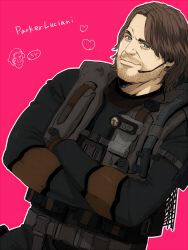 Rule 34 | 1boy, bad id, bad pixiv id, beard, blue eyes, bodysuit, brown hair, character name, crossed arms, facial hair, gloves, heart, male focus, parker luciani, pink background, resident evil, resident evil: revelations, shitara (kaimetsu joutai), simple background, solo
