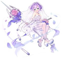 Rule 34 | 1girl, :d, ass, azur lane, blush, bouquet, breasts, bridal veil, dress, flower, full body, green eyes, hair between eyes, head tilt, high heels, high ponytail, javelin (azur lane), javelin (blissful purity) (azur lane), kaede (yumesaki kaede), long hair, looking at viewer, official alternate costume, official art, open mouth, pantyhose, petals, pink flower, pink rose, ponytail, purple eyes, rose, see-through, shoes, sitting, small breasts, smile, solo, strapless, strapless dress, thighband pantyhose, tiara, transparent background, v-shaped eyebrows, veil, very long hair, wedding dress, white dress, white footwear, white pantyhose