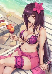 Rule 34 | 1girl, beach, bikini, blush, bracelet, breasts, chair, cleavage, collarbone, crossed legs, cup, day, detexted, fate/grand order, fate (series), flower, hair flower, hair ornament, haoni, hibiscus, holding, holding cup, jewelry, large breasts, long hair, looking at viewer, lounge chair, navel, outdoors, purple bikini, purple hair, red eyes, sarong, scathach (fate), scathach (fate/grand order), scathach (swimsuit assassin) (fate), see-through sarong, sidelocks, sitting, smile, solo, swimsuit, table, thigh strap, third-party edit, very long hair