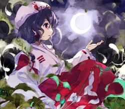 Rule 34 | 1girl, beret, branch, bush, commentary request, crescent moon, detached sleeves, earrings, frilled sleeves, frills, gohei, hat, highres, japanese clothes, jewelry, kaigen 1025, kimono, leaf, long sleeves, moon, moonlight&#039;s anti-soul (touhou), night, night sky, open mouth, outdoors, parted lips, portrait of exotic girls, purple hair, red eyes, red skirt, ribbon-trimmed sleeves, ribbon trim, skirt, sky, touhou, white headwear, white kimono, wide sleeves, yin yang, yin yang earrings