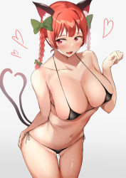 Rule 34 | 1girl, :d, absurdres, animal ear fluff, animal ears, bad anatomy, bad perspective, bikini, black bikini, blush, bow, braid, breasts, cat ears, green bow, hair bow, heart, heart of string, heart tail, highres, kaenbyou rin, large breasts, looking to the side, micro bikini, multiple tails, nagomian, navel, nekomata, open mouth, paw pose, red eyes, red hair, smile, solo, spoken heart, swimsuit, tail, touhou, twin braids, two tails