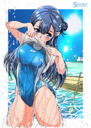 Rule 34 | 1girl, beach, blue eyes, blue hair, blue one-piece swimsuit, boat, border, breasts, building, collarbone, competition swimsuit, cowboy shot, hair between eyes, hair bun, highleg, highres, hugtto! precure, lifted by self, looking at viewer, medium breasts, ocean, one-piece swimsuit, outdoors, palm tree, precure, single hair bun, smile, solo, sunlight, swimsuit, takaishi fuu, tree, water drop, watercraft, white border, yakushiji saaya