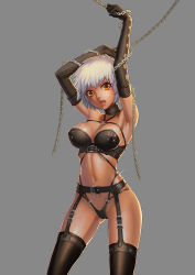 Rule 34 | 1girl, aion (warpfield), arms up, body harness, bondage outfit, breast harness, breasts, brown eyes, chain, collar, dark skin, dark-skinned female, derivative work, elbow gloves, garter belt, gloves, harness, highres, large breasts, leather, looking at viewer, navel, open mouth, original, short hair, silver hair, solo, tears, thighhighs