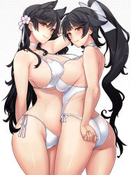 Rule 34 | 2girls, adjusting clothes, adjusting swimsuit, animal ear fluff, animal ears, arm behind back, arm up, ass, asymmetrical docking, atago (azur lane), atago (summer march) (azur lane), azur lane, bikini, black hair, blunt bangs, bow, breast press, breasts, brown eyes, choker, closed mouth, contrapposto, cowboy shot, female focus, flower, from side, hair between eyes, hair bow, hair flower, hair ornament, highres, huge breasts, long hair, looking at viewer, mole, mole under eye, multiple girls, one-piece swimsuit, ponytail, side-tie bikini bottom, sideboob, simple background, smile, standing, strap gap, swimsuit, symmetrical docking, takao (azur lane), takao (beach rhapsody) (azur lane), underboob, very long hair, white bikini, white one-piece swimsuit, whoosaku
