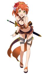 Rule 34 | 1girl, bikini, character request, feet, flower, full body, hair flower, hair ornament, index finger raised, leaning forward, looking at viewer, non-web source, official art, open mouth, orange hair, sandals, scrunchie, sheath, sheathed, solo, standing, swimsuit, sword, sword art online, thigh strap, toes, weapon, wrist scrunchie, yellow eyes