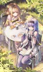 Rule 34 | 2girls, ahoge, bare shoulders, belt, blush, book, boots, bow, breasts, brown bow, brown dress, brown eyes, brown gloves, brown hair, cake, cake slice, chair, coffee, cookie, cup, day, detached collar, detached sleeves, dress, drink, drinking straw, eating, folding chair, food, from above, fruit, gloves, hair bow, hairband, hand up, highres, holding, holding book, holding food, huanxiang huifeng, leaf, long hair, mashiro witch, mug, multiple girls, open book, outdoors, plant, plate, ponytail, purple eyes, purple hair, purple legwear, reading, short sleeves, sidelocks, sitting, small breasts, spoon, strawberry, table, thighhighs, wrist cuffs